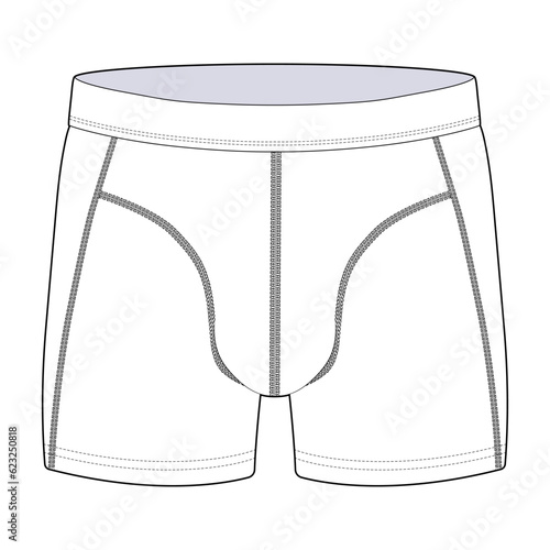 Boxer briefs front view fashion flat sketch for Tech Pack. Waistband, CAD drawing, black and white, vector graphics for garment production apparel brand, underwear for men