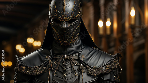 Retrato de um homem vestido com armadura de esgrima histórica preta e máscara de capacete protetor de esgrima com uma longa espada afiada medieval preparada para ataque agressivo photo