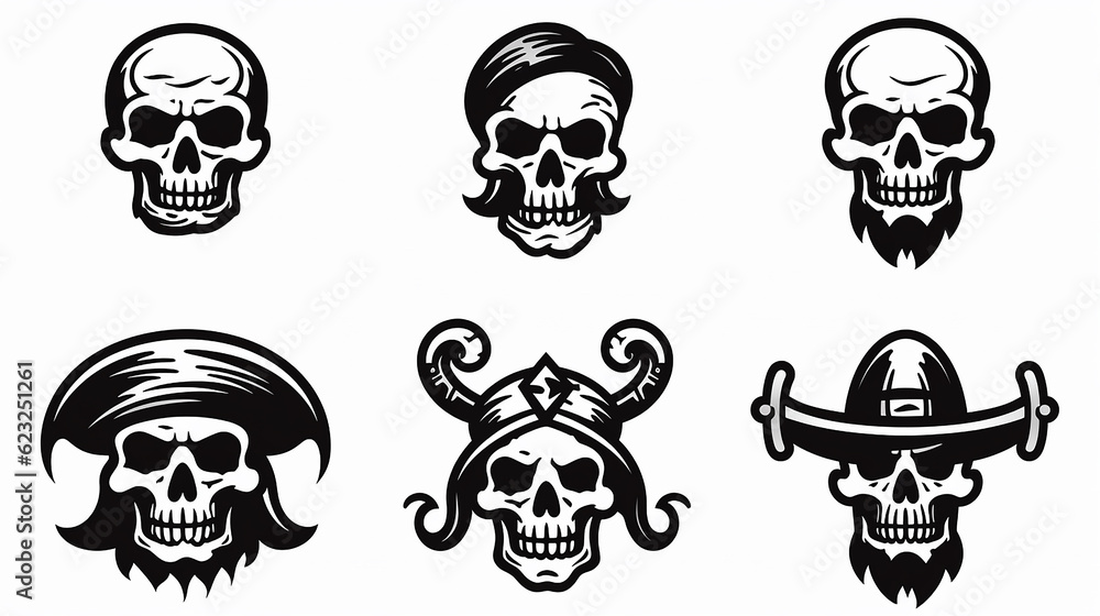conjunto de vetor de ilustração de ícone de crânio humano bonito, símbolo de pirata conjunto de vetor de ilustração de ícone de crânio humano bonito, símbolo de pirata