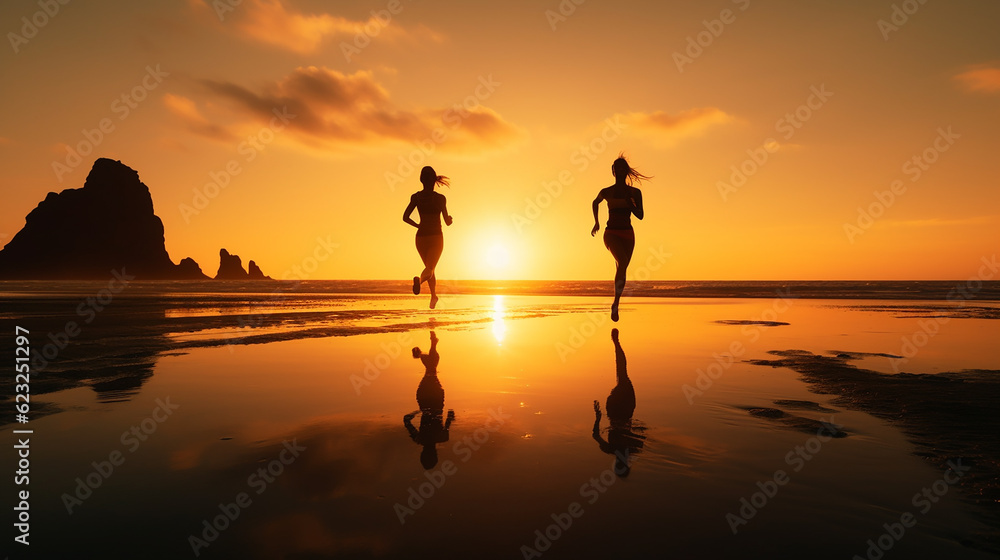 jovens gêmeas magras europeias em roupas esportivas correm pela manhã, congelam no ar na praia do mar, ao ar livre