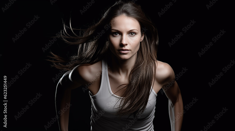 Conceito de esporte. Foto em preto e branco. Um forte atlético, velocista feminino, correndo isolado em preto, vestindo roupas esportivas, fitness e motivação esportiva. conceito de corredor Conceito de esporte. Foto em preto e branco. Um forte atlético, velocista feminino, correndo isolado em preto, vestindo roupas esportivas, fitness e motivação esportiva. conceito de corredor