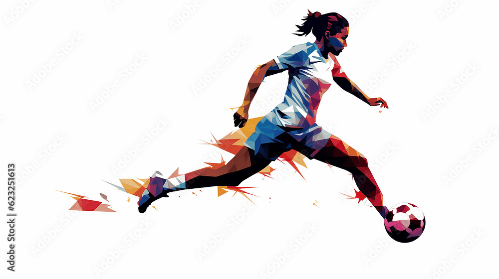 Jogador de futebol, mulher jogando futebol, silhueta colorida  vetorial isolada