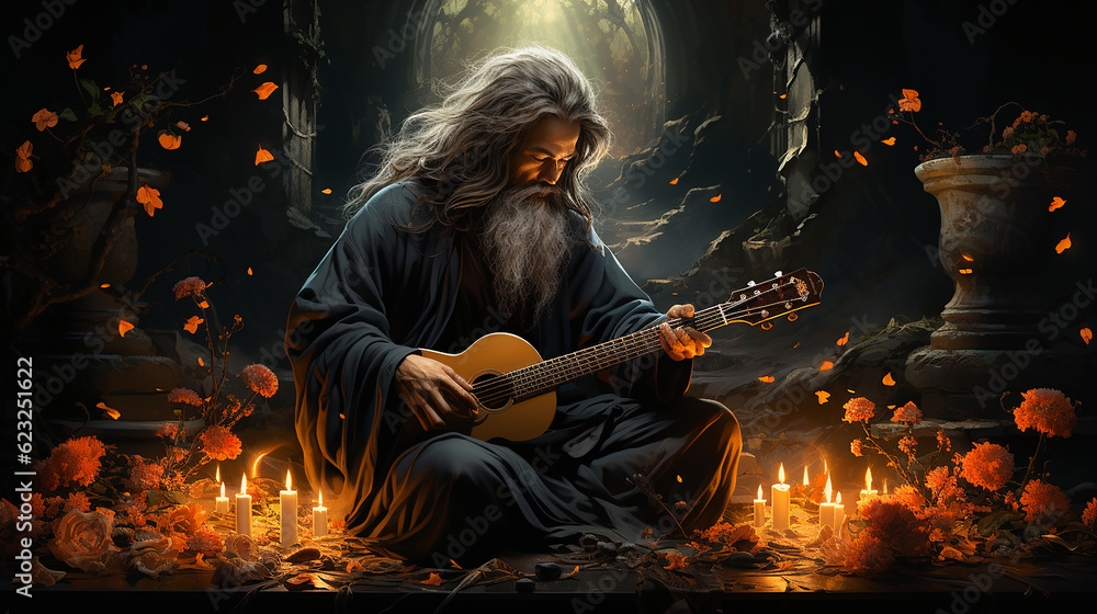 Fototapeta premium Imagem mística de um velho tocando violão, uma imagem antropomórfica da morte em uma nebulosa brilhante