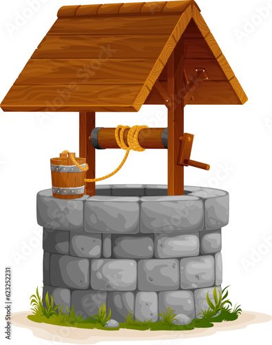 Cartoon farm stone water well with wooden bucket, vector old ancient village water tank. Rustic farm well with wooden roof and bucket on rope on pulley, countryside drinking source or brick stone well