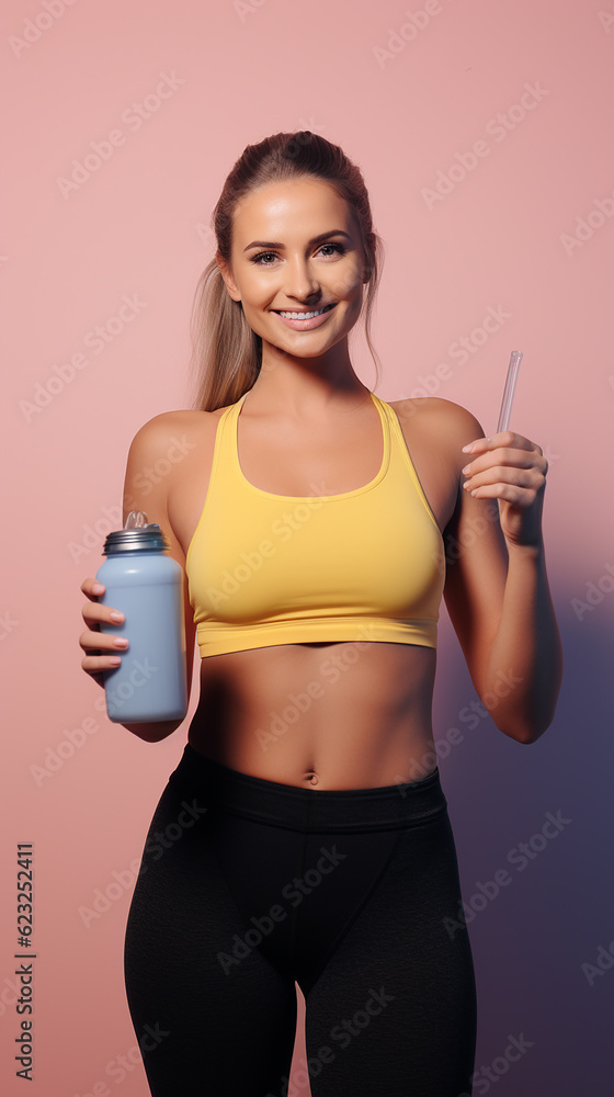 Mulher jovem esporte com uma garrafa de água sobre fundo isolado Mulher jovem esporte com uma garrafa de água sobre fundo isolado