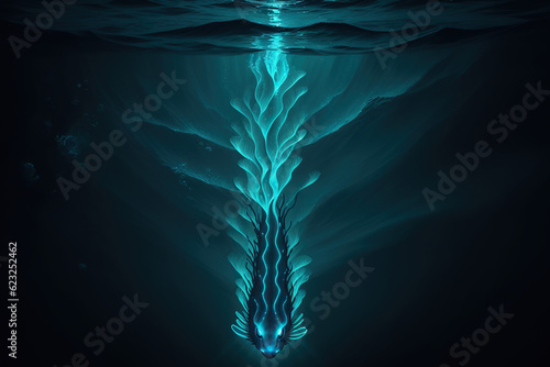 Ocean's Glow: Elusive Bioluminescent Sea Creature Illuminating the Depths, Intricately Captured in Underwater Photography, Immersing You in the Enchanting World of Marine Life and the Mysteries of Oce