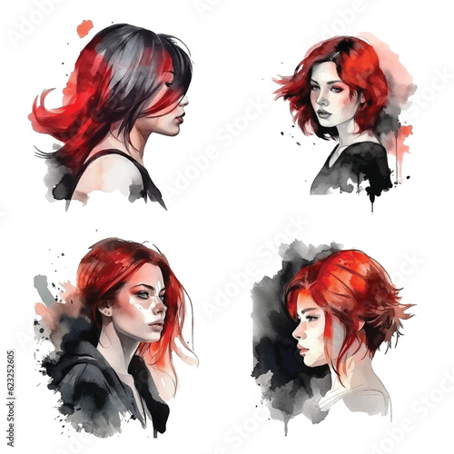  Woman with red and black color hairstyle watercolor paint