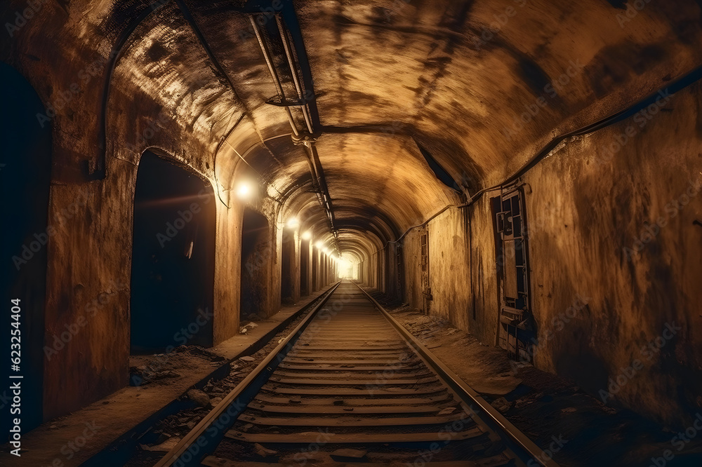 abandoned old tunnel with communications and rails, generative ai