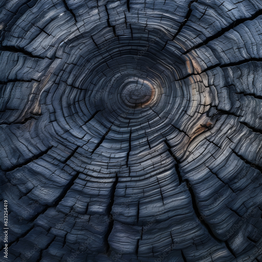 Fototapeta premium black burnt textural cut of a tree with annual rings, generative ai