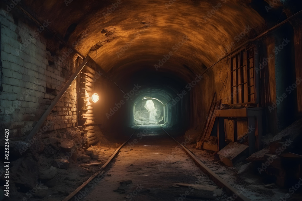 Fototapeta premium abandoned old tunnel with communications and rails, generative ai