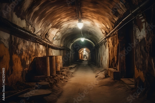 abandoned old tunnel with communications and rails, generative ai