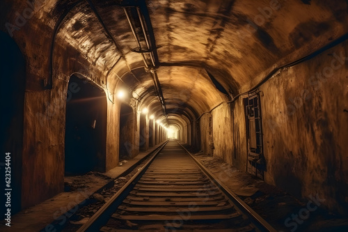 abandoned old tunnel with communications and rails, generative ai