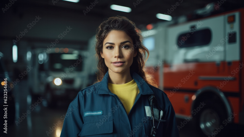 Portrait of a Female EMS Paramedic Proudly Standing in Front of Camera in High Visibility Medical Uniform with Portrait of a Female EMS Paramedic Proudly Standing in Front of Camera in High Visibility Medical Uniform with