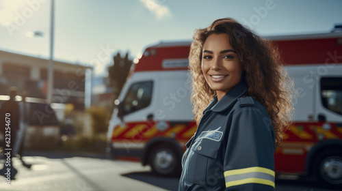 Portrait of a Female EMS Paramedic Proudly Standing in Front of Camera in High Visibility Medical Uniform with "Paramedic" Text Logo. Successful Emergency Medical Technician or Doctor at Work.