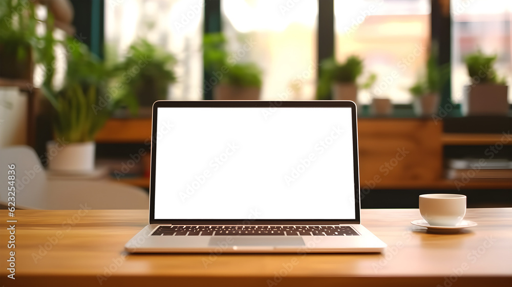 laptop with transparent screen on table on blurred workspace background without people, laptop screen for any mocap images, generative ai