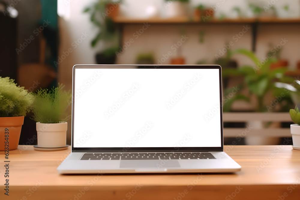 laptop with transparent screen on table on blurred workspace background without people, laptop screen for any mocap images, generative ai laptop with transparent screen on table on blurred workspace background without people, laptop screen for any mocap images, generative ai