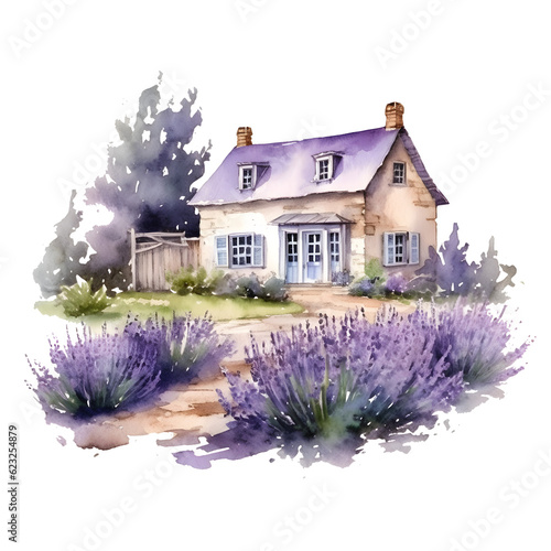 cozy house among blooming lavender watercolor, isolated on transparent background, generative ai