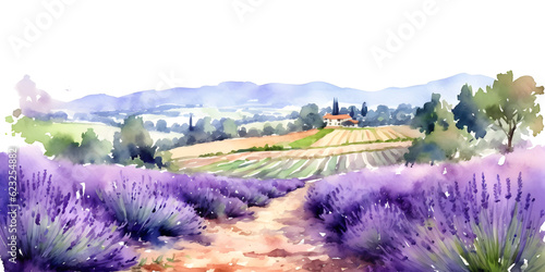  house among blooming lavender watercolor, isolated on transparent background, generative ai