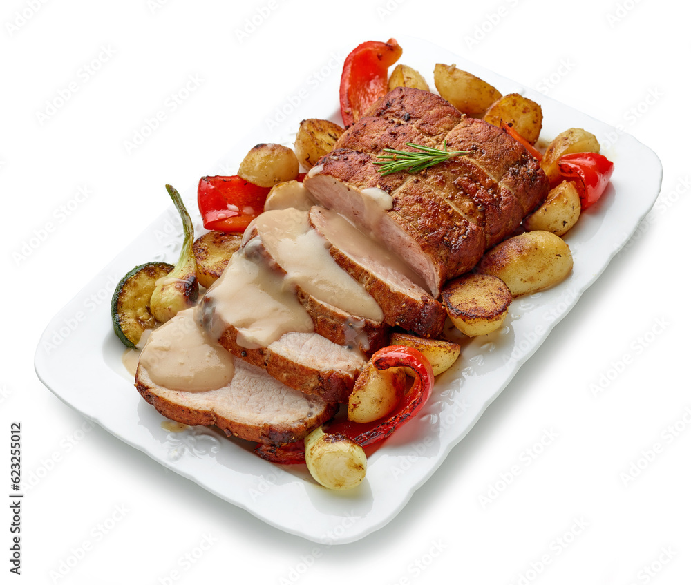 sliced roast pork with vegetables and sauce
