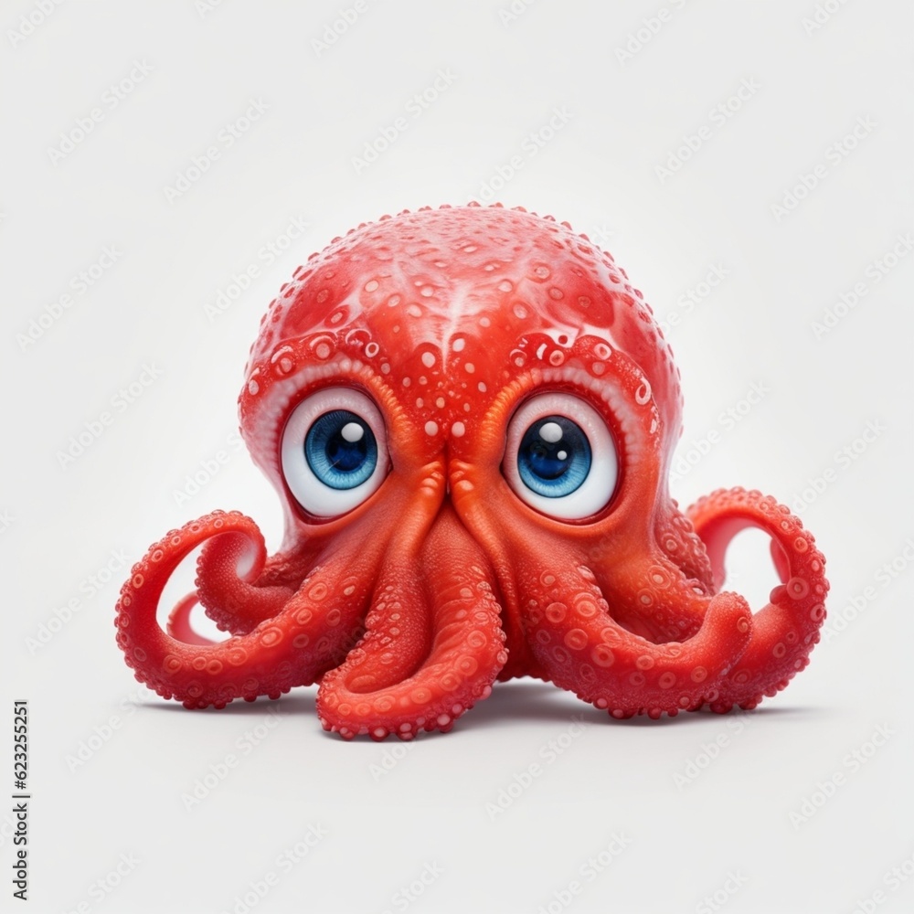 a cute kawaii tiny hyper realistic red baby octopus, white background, Generative AI a cute kawaii tiny hyper realistic red baby octopus, white background, Generative AI