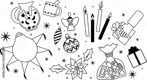 Vector. Iconos de posadas, como el aguinaldo, ponche, piñata, intercambio de regalos, etc. Celebración tradicional religiosa previa a Navidad.