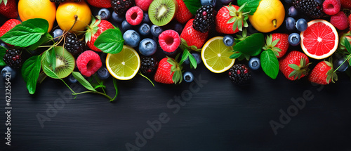 assorted mix eco organic healthy fruits and berries. Copy space area for text