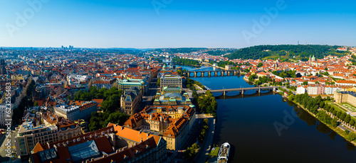 Aerial view of Prague, a capital city of the Czech Republic, is bisected by the Vltava River, Europe