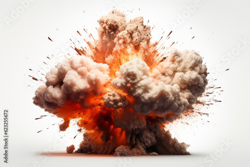 A huge ball of flames and smoke from an explosion. White background