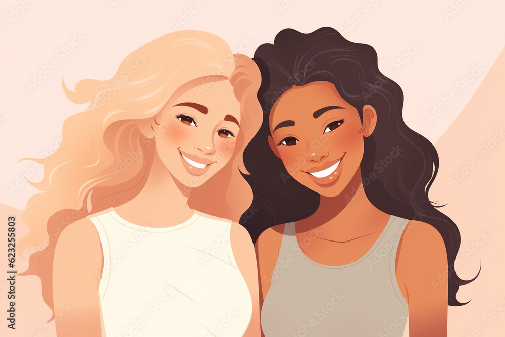 Portrait of cute beautiful smiling multiethnic girls, illustration style
