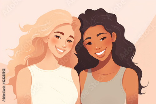 Portrait of cute beautiful smiling multiethnic girls, illustration style 