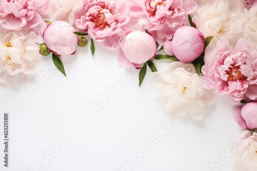 Frame with pink peonies on clear white background. Greeting card template for wedding  mothers or womans day. Springtime composition with copy space. Flat lay style