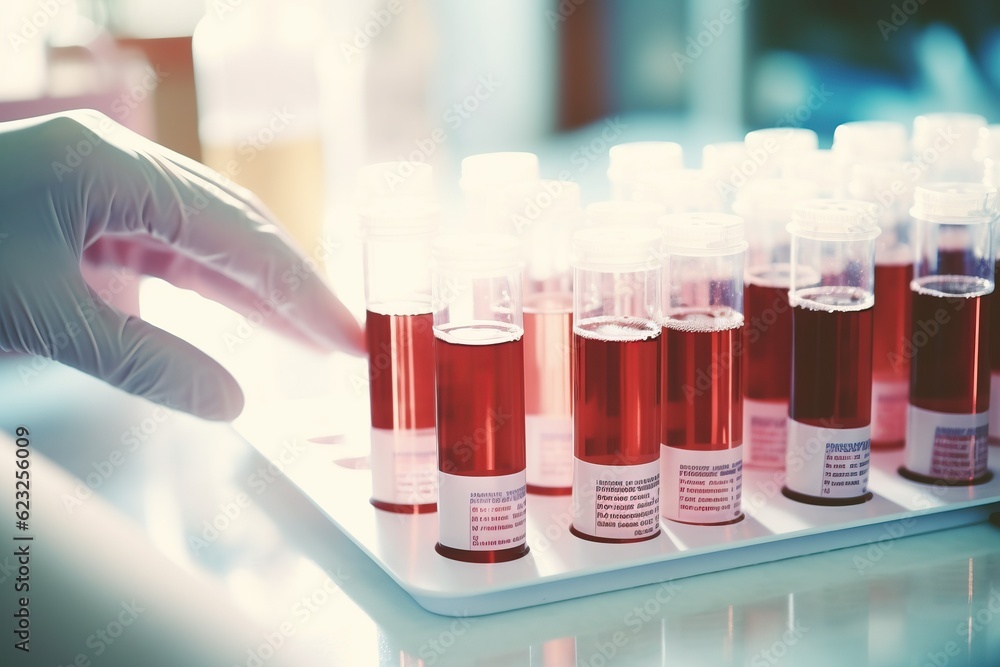 Hand of a lab technician with a tube of blood sample and a rack with other samples. Technician holding blood tube test in the research laboratory Hand of a lab technician with a tube of blood sample and a rack with other samples. Technician holding blood tube test in the research laboratory