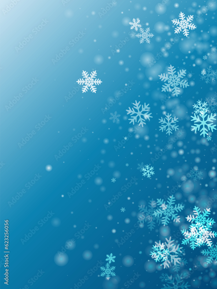 Festive heavy snow flakes backdrop. Snowstorm speck crystallic particles. Snowfall weather white teal blue pattern. Flat snowflakes december texture. Snow hurricane landscape.