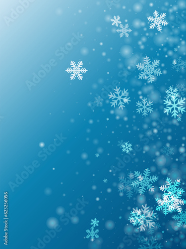 Festive heavy snow flakes backdrop. Snowstorm speck crystallic particles. Snowfall weather white teal blue pattern. Flat snowflakes december texture. Snow hurricane landscape. © SunwArt