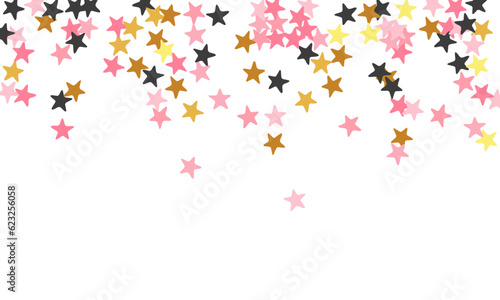 Fashionable black pink gold stars magic scatter illustration. Many stardust spangles xmas decoration confetti. Baby shower stars magic wallpaper. Spangle symbols congratulations decor.