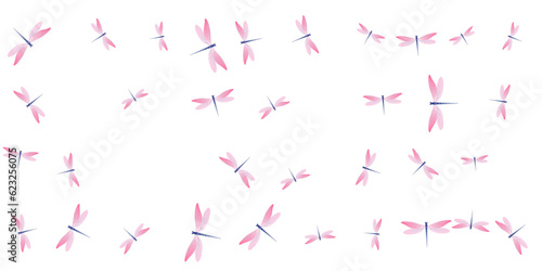 Exotic rosy pink dragonfly isolated vector illustration. Summer vivid insects. Fancy dragonfly isolated kids background. Gentle wings damselflies patten. Tropical beings