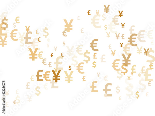 Euro dollar pound yen gold icons scatter currency vector background. Forex concept. Currency
