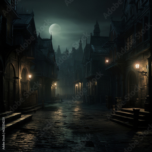 Gloomy street in Gothic style. High quality illustration