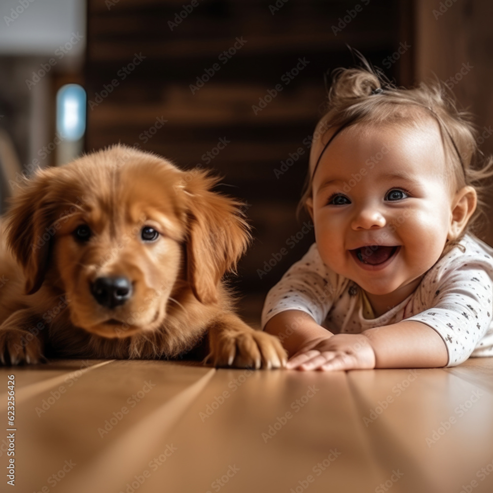 Happy child playing with dog Happy child playing with dog