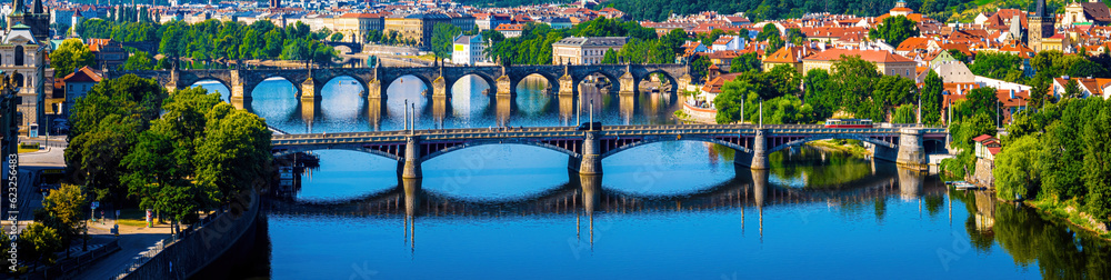 Aerial view of Prague, a capital city of the Czech Republic, is bisected by the Vltava River