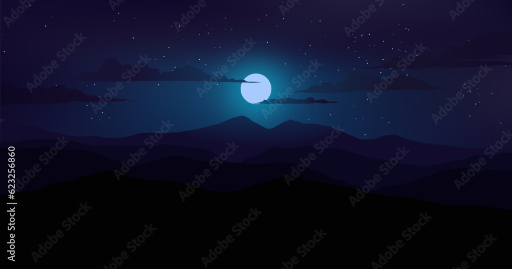 Beautiful calm night over mountains with clouds, moon and stars