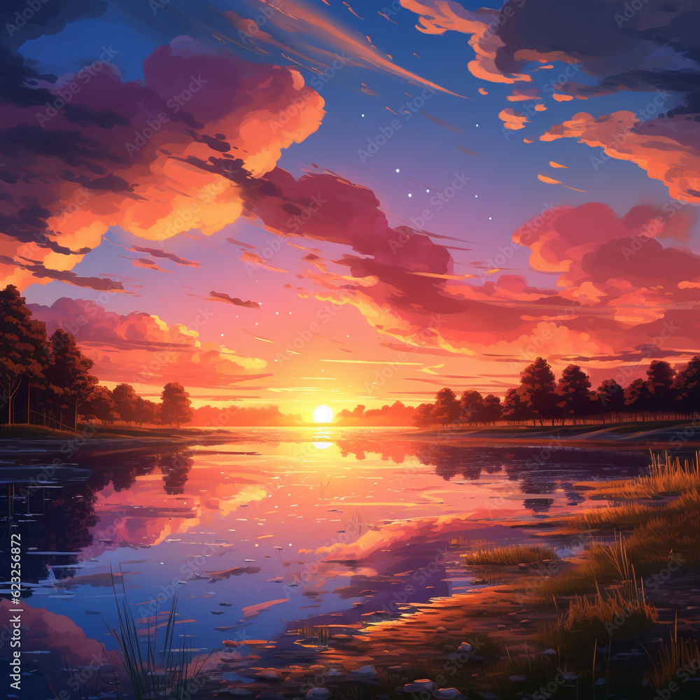 Summer landscape in anime style. Sunset on the lake