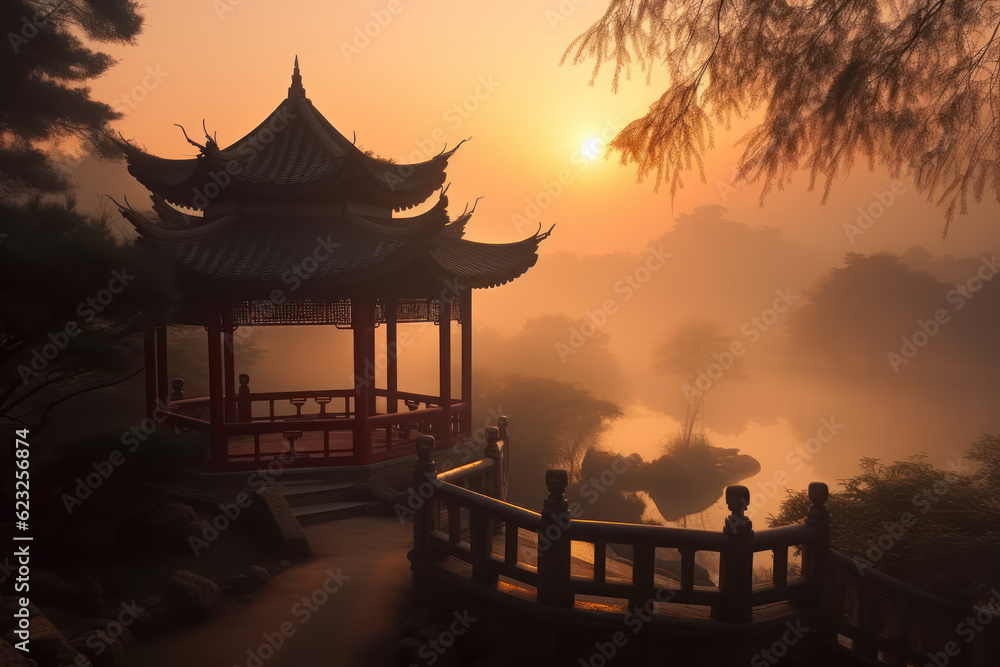 Fototapeta premium Beautiful Japanese temple landscape at dusk.