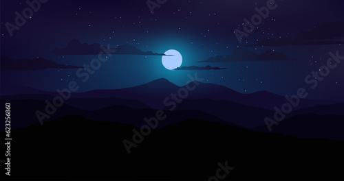 Beautiful calm night over mountains with clouds, moon and stars