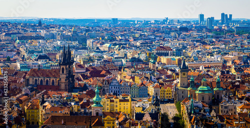 Aerial view of Prague  a capital city of the Czech Republic  is bisected by the Vltava River