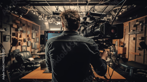 A Cameraman shooting, filming process in the studio film set
