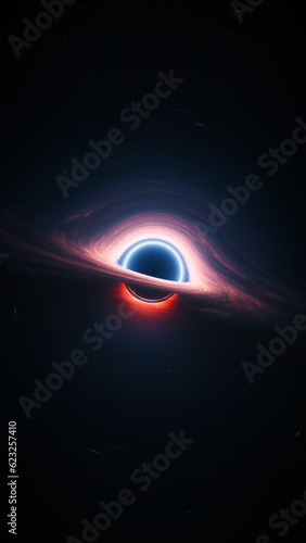 Giant singularity in outer cosmos. Vertical astrophysics 3d illustration background. Interstellar black hole with glowing rotating accretion disk. Background cosmos of wormhole warped in curved space.