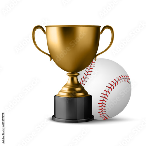 Realistic Vector 3d Golden Champion Cup Icon wirh Baseball Set Isolated. Design Template of Championship Trophy. Sport Tournament Award, Gold Winner Cup and Victory Concept