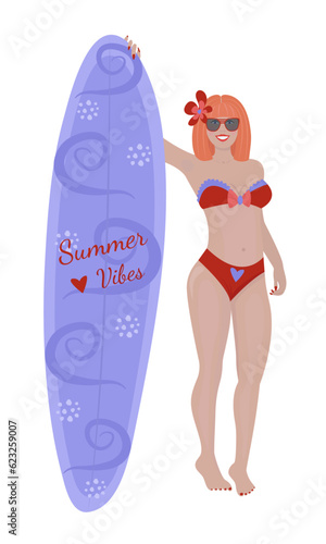 Fit redhead woman with a sailboard colorful illustration