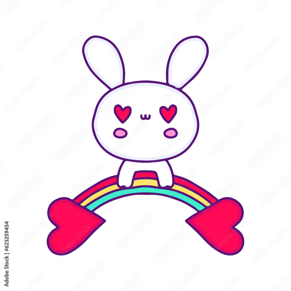 Kawaii bunny chill out on rainbow, illustration for t-shirt, sticker, or apparel merchandise. With doodle, retro, and cartoon style. Kawaii bunny chill out on rainbow, illustration for t-shirt, sticker, or apparel merchandise. With doodle, retro, and cartoon style.